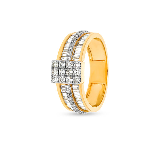 Natural Baguette And Round Cut Diamond With Prong Set Yellow Gold Casual Ring