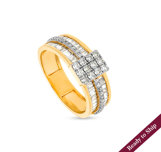 Natural Baguette And Round Cut Diamond With Prong Set Yellow Gold Casual Ring