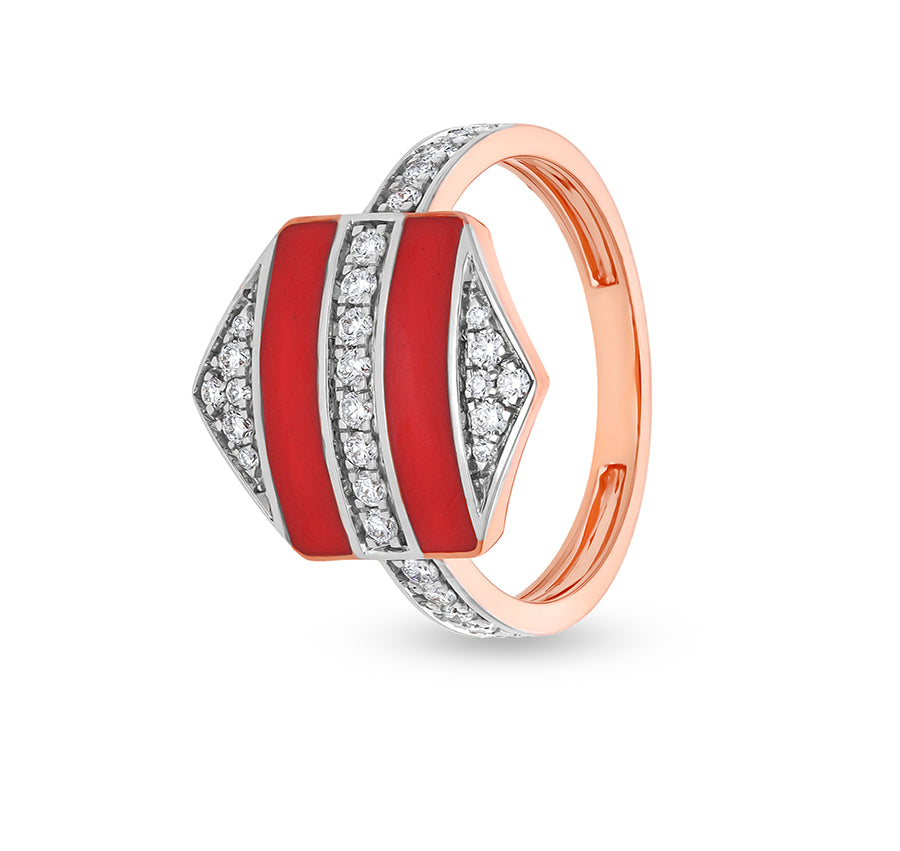 Hexagon Shape With Red Enamel And Round Natural Diamond Rose Gold Casual Ring