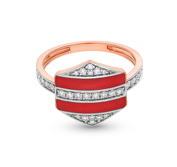 Hexagon Shape With Red Enamel And Round Natural Diamond Rose Gold Casual Ring