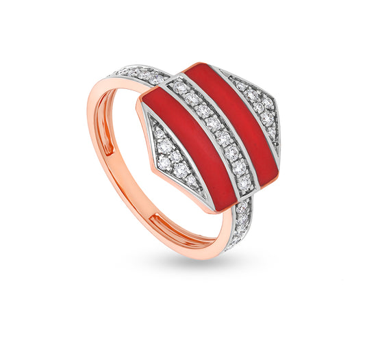 Hexagon Shape With Red Enamel And Round Natural Diamond Rose Gold Casual Ring