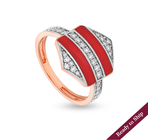 Hexagon Shape With Red Enamel And Round Natural Diamond Rose Gold Casual Ring