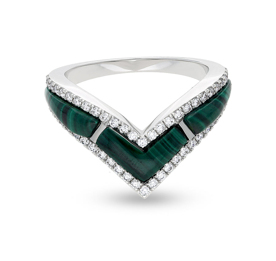 V Shape Natural Green malachite With Round Cut Diamond White Gold Casual Ring
