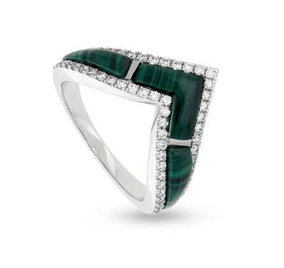 V Shape Natural Green malachite With Round Cut Diamond White Gold Casual Ring