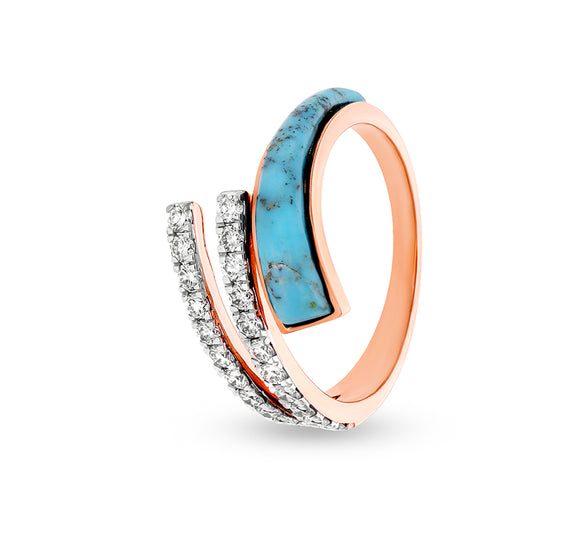 Blue Turquoise With Round Natural Diamond Bypass Rose Gold Casual Ring