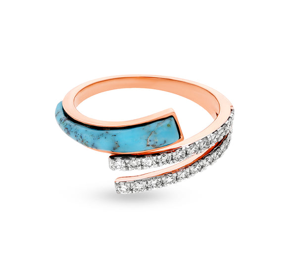 Blue Turquoise With Round Natural Diamond Bypass Rose Gold Casual Ring