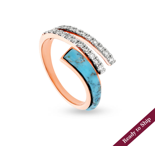 Blue Turquoise With Round Natural Diamond Bypass Rose Gold Casual Ring