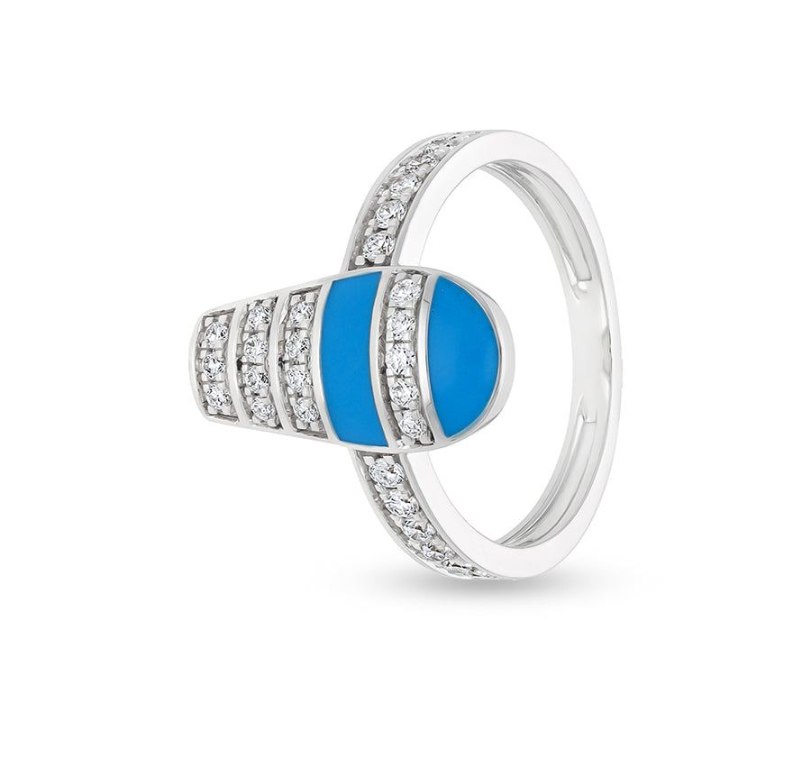 Blue Enamel With Round Natural Diamond White Gold Casual Ring