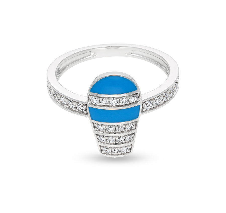 Blue Enamel With Round Natural Diamond White Gold Casual Ring