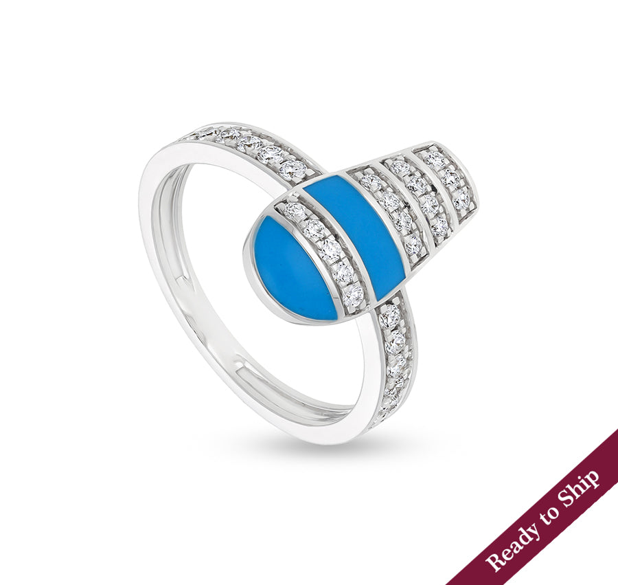 Blue Enamel With Round Natural Diamond White Gold Casual Ring