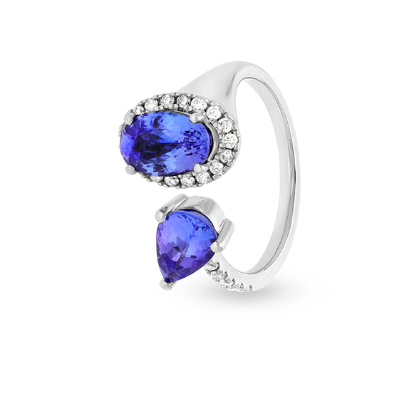 Blue Oval And Pear Stone With Round Natural Diamond White Gold Halo Ring