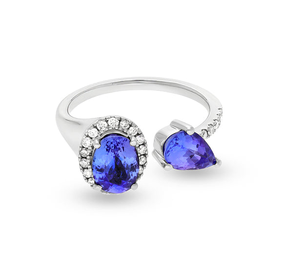 Blue Oval And Pear Stone With Round Natural Diamond White Gold Halo Ring