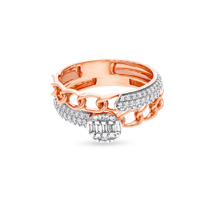 Half Chain And  Round Natural Diamond With Pave Set Rose Gold Two In One Casual Ring