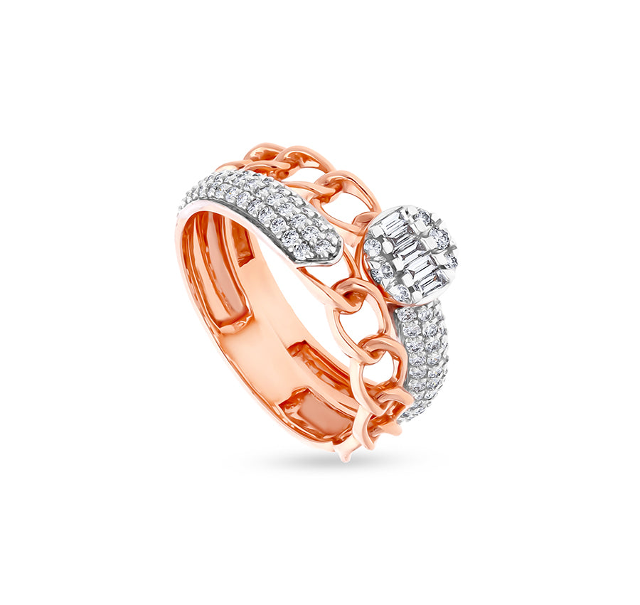 Half Chain And  Round Natural Diamond With Pave Set Rose Gold Two In One Casual Ring