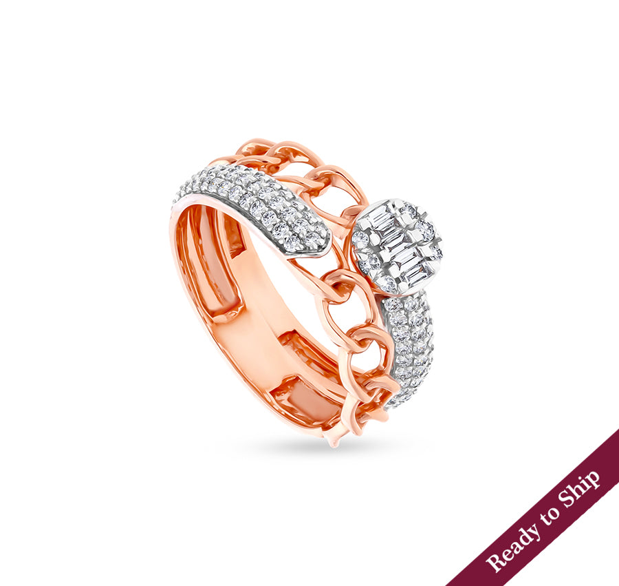 Half Chain And  Round Natural Diamond With Pave Set Rose Gold Two In One Casual Ring