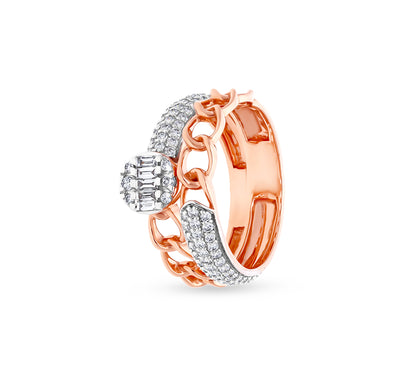 Half Chain And  Round Natural Diamond With Pave Set Rose Gold Two In One Casual Ring