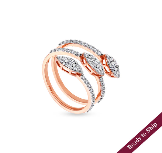 Spiral Shape Baguette Pressure With Round Natural Cut Diamond Rose Gold Casual Ring
