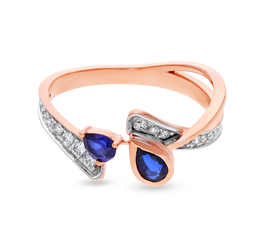 Round Natural Diamond With Pear Blue Stone Rose Gold Casual Ring