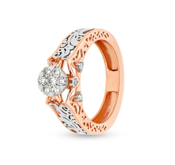 Floral Filigree Round Natural Diamond with Pressure Set Dual Tone Casual Ring