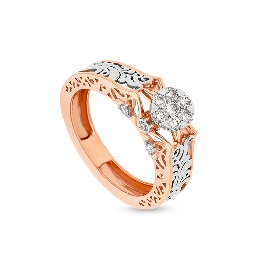 Floral Filigree Round Natural Diamond with Pressure Set Dual Tone Casual Ring