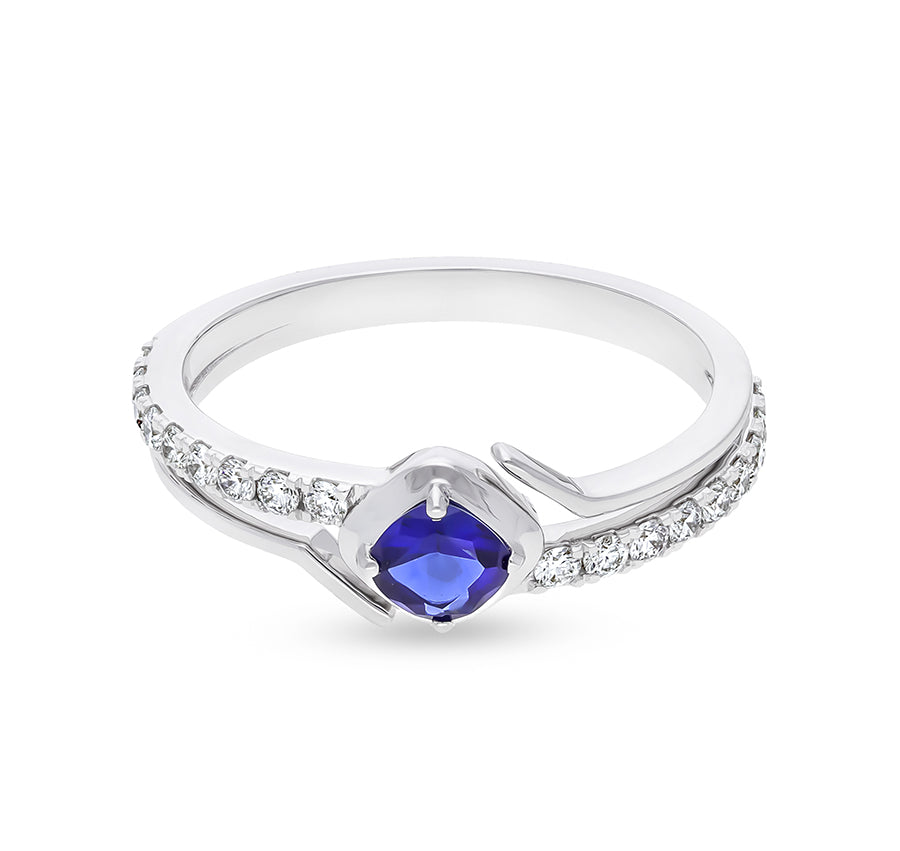 Round Cut Diamond With Cushion Natural Blue Stone White Gold Casual Ring