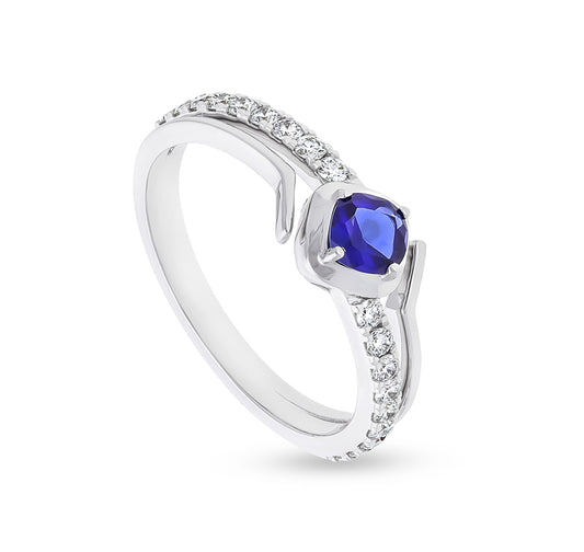 Round Cut Diamond With Cushion Natural Blue Stone White Gold Casual Ring