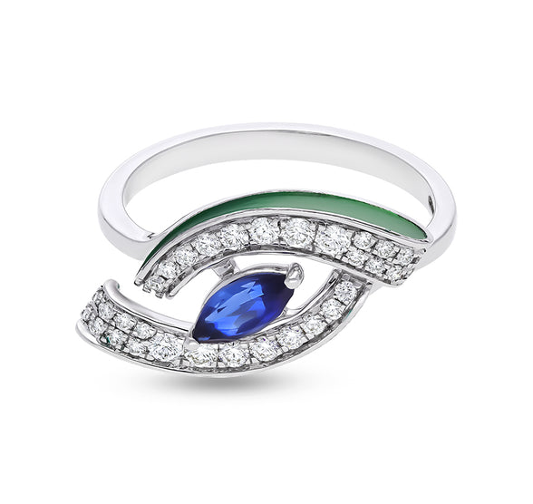 Eye Shape With Marquise Blue Stone And Round Cut Diamonds Green Enamel White Gold Casual Ring