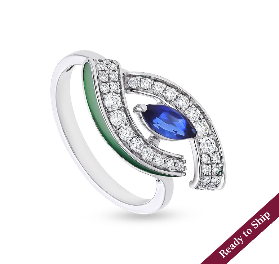 Eye Shape With Marquise Blue Stone And Round Cut Diamonds Green Enamel White Gold Casual Ring