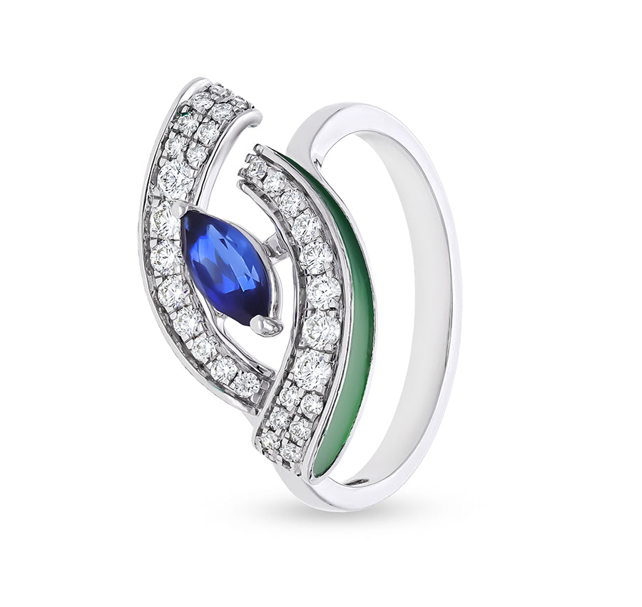 Eye Shape With Marquise Blue Stone And Round Cut Diamonds Green Enamel White Gold Casual Ring