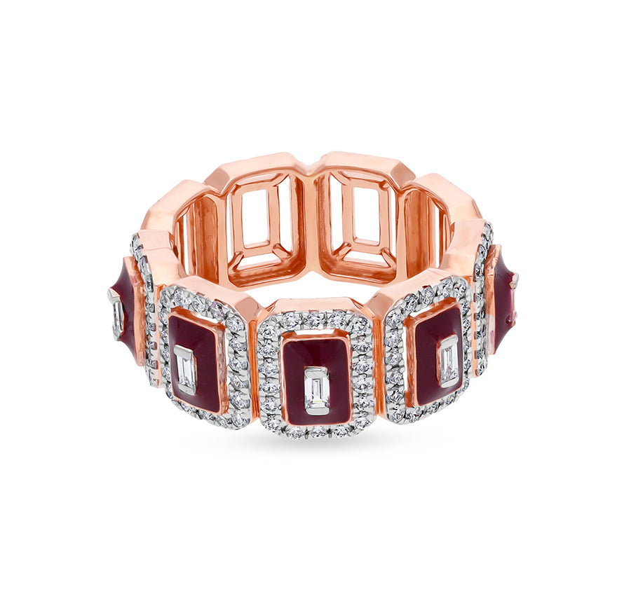 Maroon Enamel Center Natural Baguette With Round Cut Natural Diamond Rose Gold Casual Ring