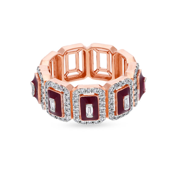 Maroon Enamel Center Natural Baguette With Round Cut Natural Diamond Rose Gold Casual Ring