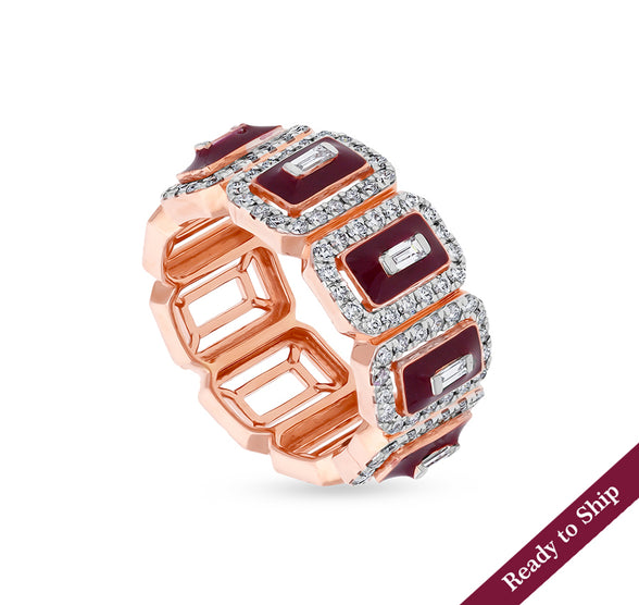 Maroon Enamel Center Natural Baguette With Round Cut Natural Diamond Rose Gold Casual Ring