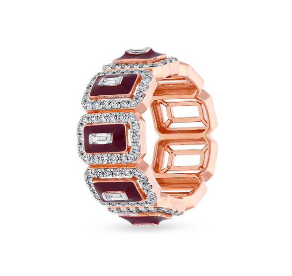 Maroon Enamel Center Natural Baguette With Round Cut Natural Diamond Rose Gold Casual Ring