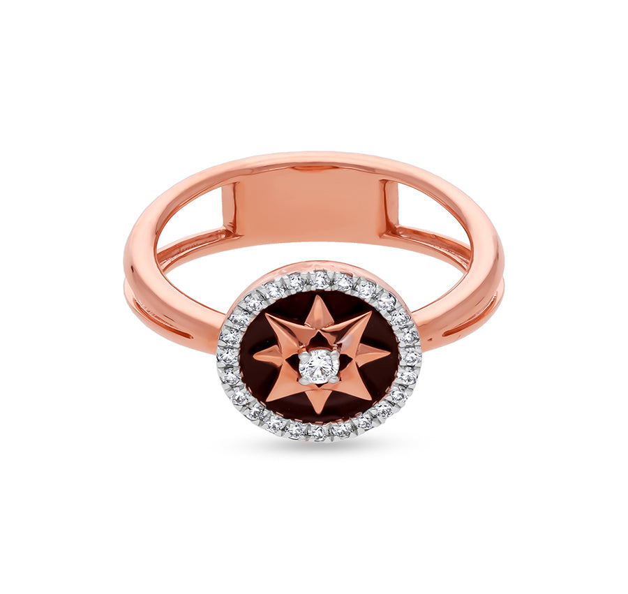 Sunrise Shape And Black Enamel Round Cut Natural Diamond With Prong Setting Rose Gold Casual Ring