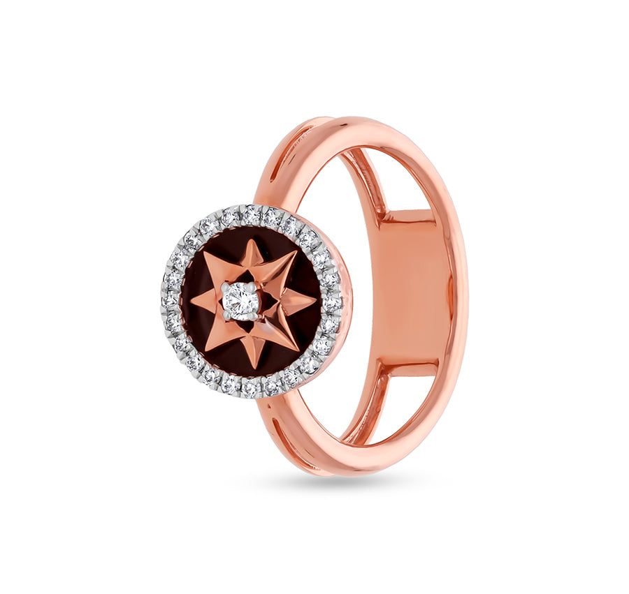 Sunrise Shape And Black Enamel Round Cut Natural Diamond With Prong Setting Rose Gold Casual Ring