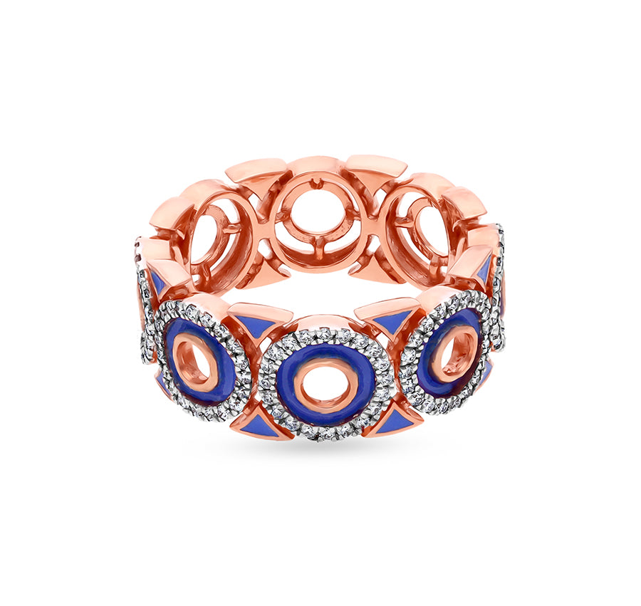 Circle Shape Round Natural Diamond With Blue Enamel Rose Gold Casual Ring