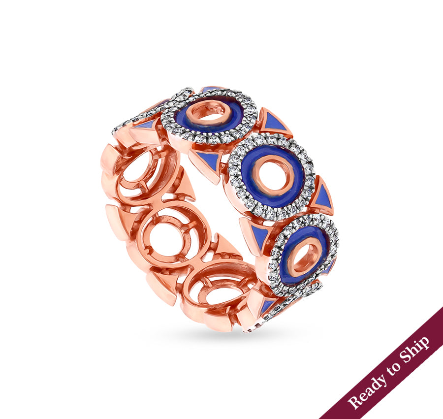 Circle Shape Round Natural Diamond With Blue Enamel Rose Gold Casual Ring