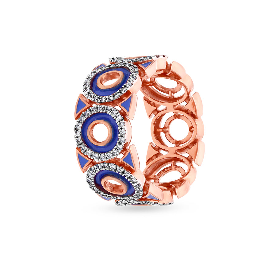 Circle Shape Round Natural Diamond With Blue Enamel Rose Gold Casual Ring