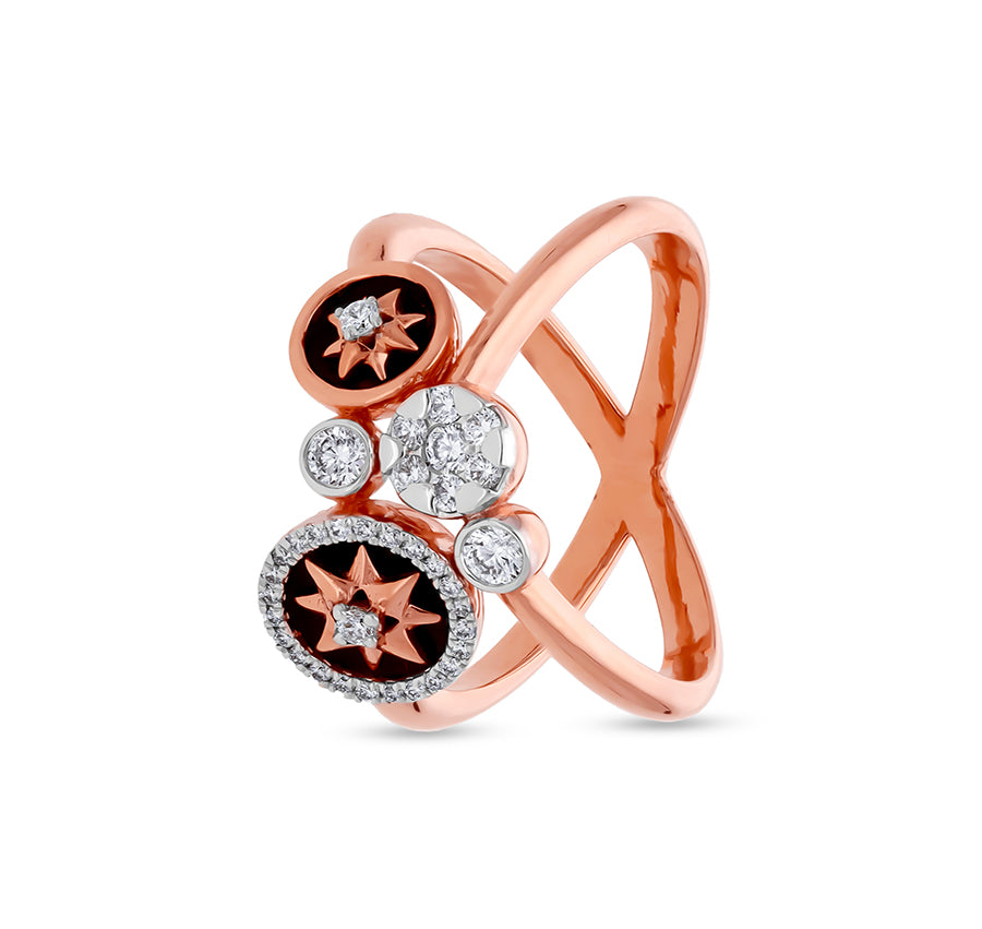 Sunrise Shape And Black Enamel Round Cut Natural Diamond With Multiple Setting Rose Gold Casual Ring