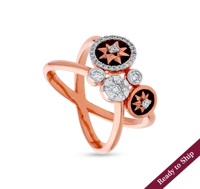 Sunrise Shape And Black Enamel Round Cut Natural Diamond With Multiple Setting Rose Gold Casual Ring