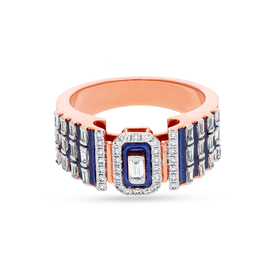 Emerald Shape  Blue Enamel and Round Cut Center Baguette Natural Diamond Rose Gold Casual Ring