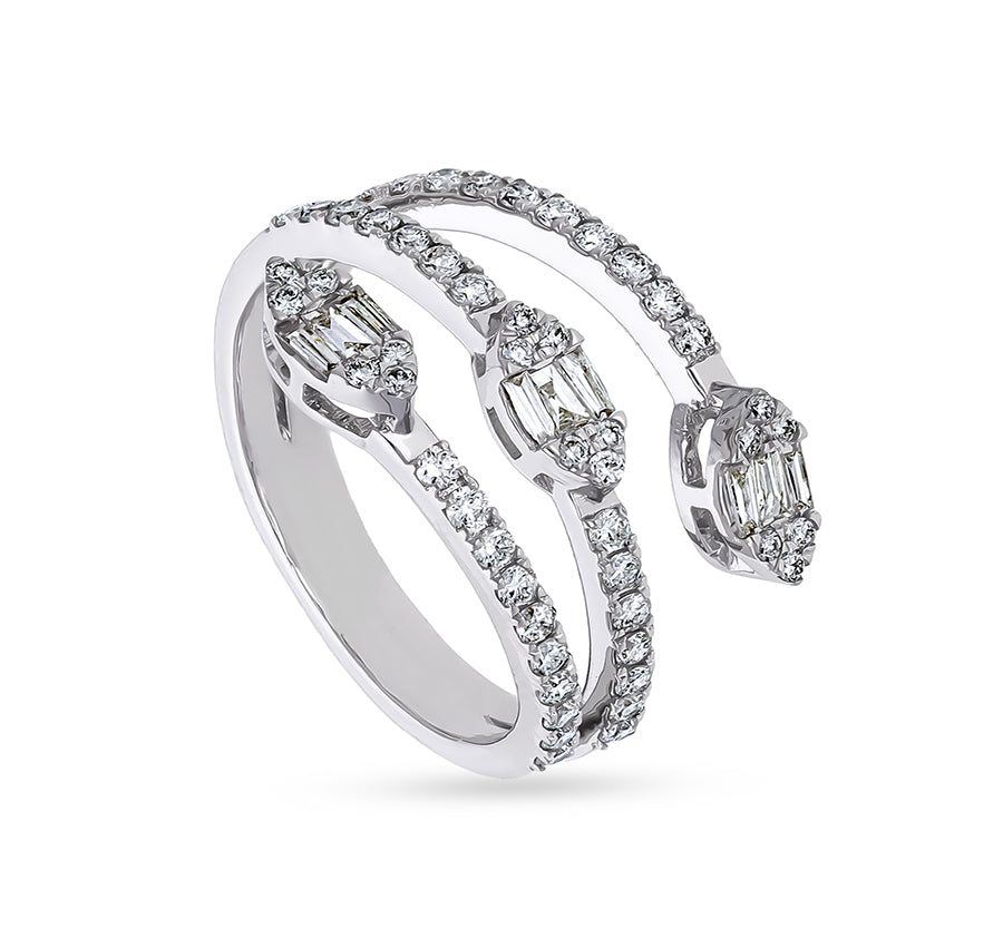 Spiral Design Center marquise Shape Baguette With Round Natural Diamond White Gold Casual Ring