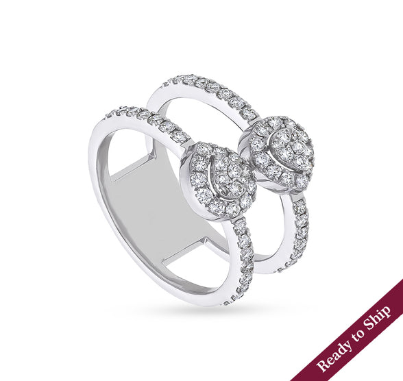 Double Band Baguette Cut With Round Natural Diamond  White Gold Casual Ring