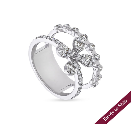 Baguette Cut With Round Natural Diamond and Bezel Set White Gold Dual Band Casual Ring