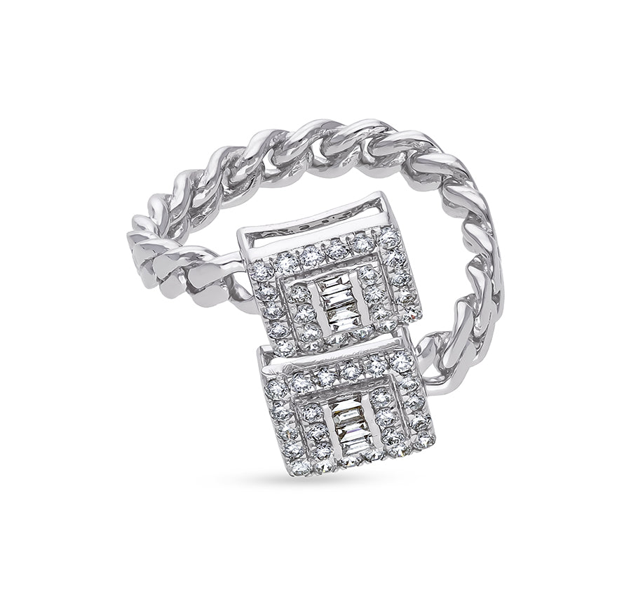 Square Shape Center Baguette Cut With Round Natural Diamond White Gold Chain Casual Ring