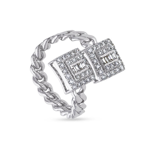 Square Shape Center Baguette Cut With Round Natural Diamond White Gold Chain Casual Ring