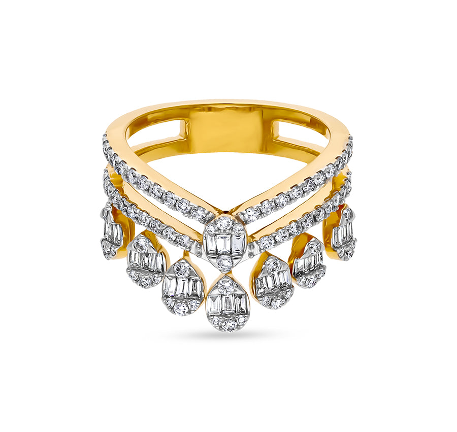 Crown Shaped Baguette With Round Natural Diamond Yellow Gold Casual Ring