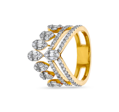 Crown Shaped Baguette With Round Natural Diamond Yellow Gold Casual Ring