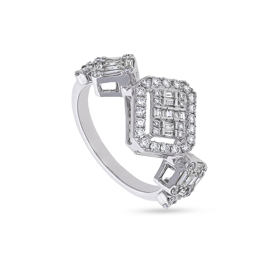 Round Cut With Baguette Diamond and Prong Set White Gold Casual Ring