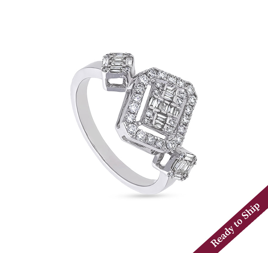 Round Cut With Baguette Diamond and Prong Set White Gold Casual Ring